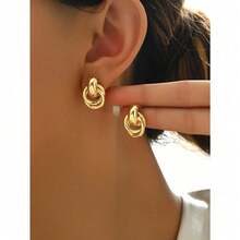 1 Pair Simple Fashion Creative Unique Design Gold Twist Hoop Earrings, Suitable For Daily Wear For Women - Vàng - Xem 6