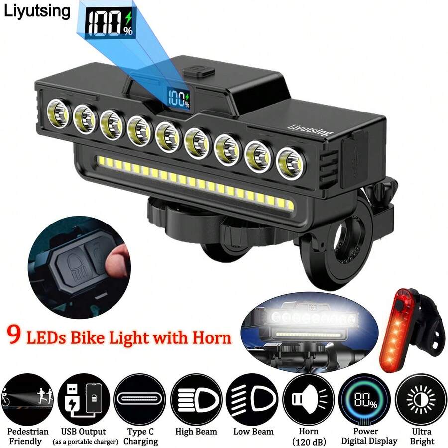 9 LED Ultra-Bright Bike Headlight With Horn: High/Low Beam, 21 SMD, Pedestrian Friendly,Type-C Rechargeable, 7 Lighting Modes, 4000mAh Portable Charger, Power Bank, 120dB Bell, Perfect For Mountain & Road Bikes, Night Riding, Best Gift For Men