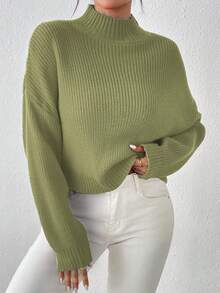 Women's Cute Short Sweater, Casual Lightweight & Comfortable Ribbed Knit Pullover - Olive Green - View 5
