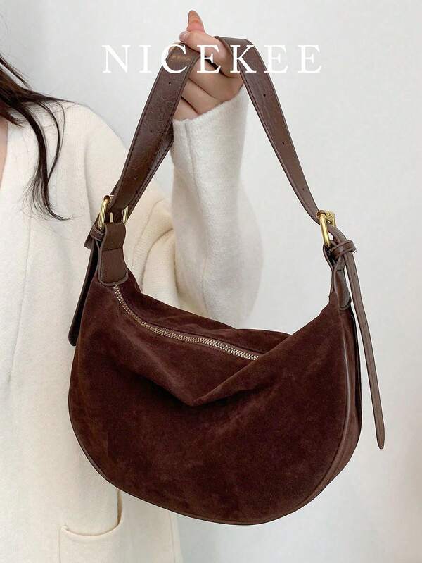 Retro popularna prosta torba na ramię w jednolitym kolorze, wysokiej jakości matowa imitacja zamszu o dużej pojemności, codzienna, uniwersalna, swobodna, niszowa, bardzo atrakcyjna torba w kształcie półksiężyca, odpowiednia do dojazdów do pracy, zakupów i podróży