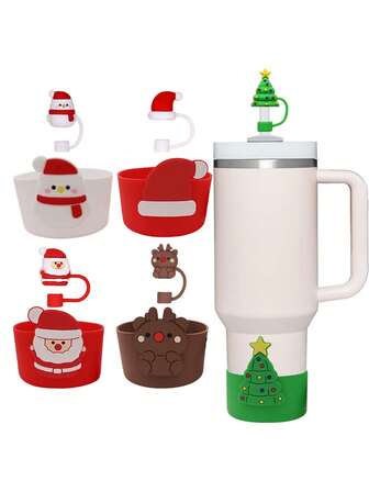 1 set sugrörsskydd för julkoppar, återanvändbara, tvättbara, dammtäta, hållbara 10 mm sugrörshuvuden och värmeisolerande hylsa för juldekorationer, festliga dryckestillbehör, lämpliga för sportvattenflaskor, högtidsgåvor