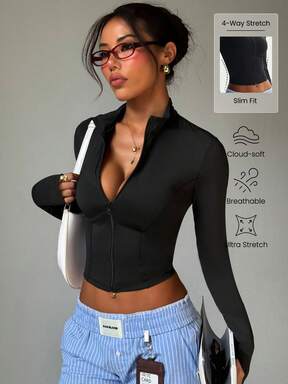 Women's Black Stand Collar Zipper Long Sleeve Thumb Hole Minimalist Fashion Sports Jacket