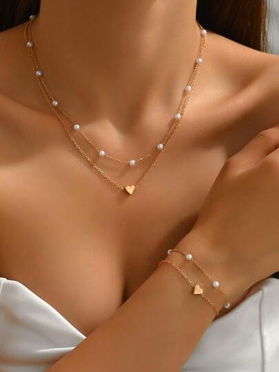 2pcs Vintage Fashion Versatile Faux Pearl Heart Layered Bracelet & Necklace Set, Suitable For Women's Party, Autumn/Winter Holiday Gift (Handmade, Faux Pearl Quantity Random)