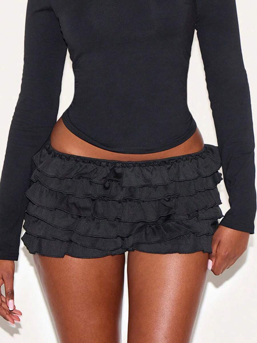 Women's Bloomer Shorts Summer Fashionable Solid Color Elastic Low Waist Ruffle Shorts - Black - View 1