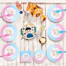 Juego de vajilla para fiesta de revelación de género Jonvell para 16 invitados: Platos, vasos, servilletas, pajitas y mantel de papel para niño o niña
