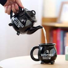 1 Set di stoviglie in ceramica a tema strega, inclusi: ciotola per zuppa a doppia ansa a forma di calderone con coperchio e cucchiaio, tazza da tè di grande capacità dallo stile dark magic, teiera carina a forma di strega, adatto per raduni quotidiani, decorazioni per feste, regalo in stile gotico