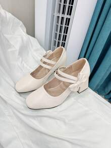 青少年米色蝴蝶结舒适可爱高跟鞋，适合重要场合、音乐舞台、四季派对、秋冬季 - 米色 - 查看 6