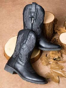 VOSTEY SHOESMORE Men's Black Cowboy Boots Retro Square Toe Boots Botas Vaqueras Para Hombre Embroidery Western Boots For Men - AMY8420-black - View 5