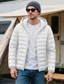 KEFITEVD Men's Lightweight Jacket With Hood Water Resistant Windproof Insulated Jacket Quilted Lined Winter Coats - White - View 4