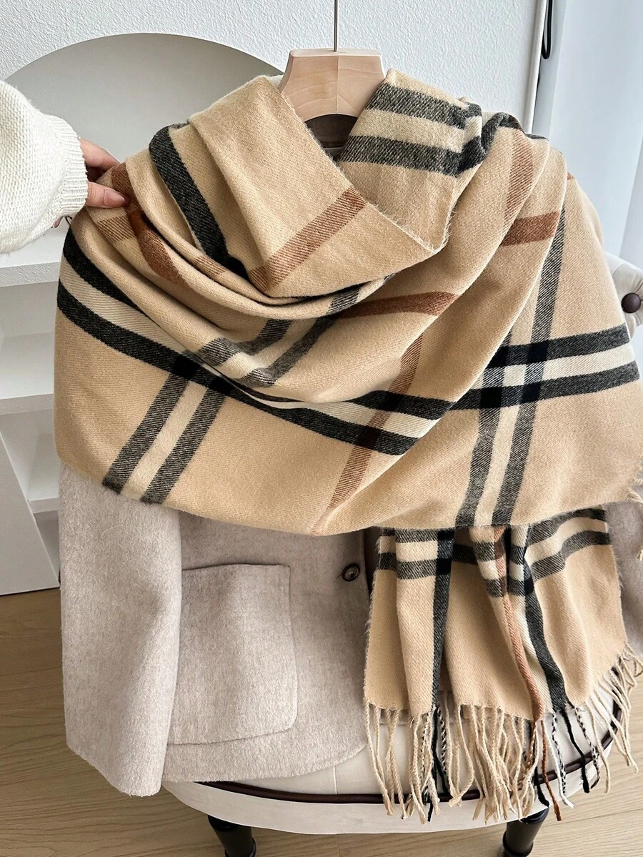 1 pièce Femme Rétro à Carreaux, Grandes Tailles, Décontracté, Élégant avec Franges, Faux Cachemire Chaud, Écharpe Châle Simple et Convenant pour une Utilisation Quotidienne avec des Robes - Multicolore - Voir 1