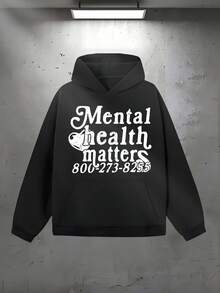 MENTAL HEALTH MATTERS Fashion Men's Casual Long-Sleeved Hooded Pullover Sweatshirt (280g Polyester) Is Suitable For Outdoor Sports And Is An Ideal Choice For Autumn And Winter Printing - 黑色 - 查看 1