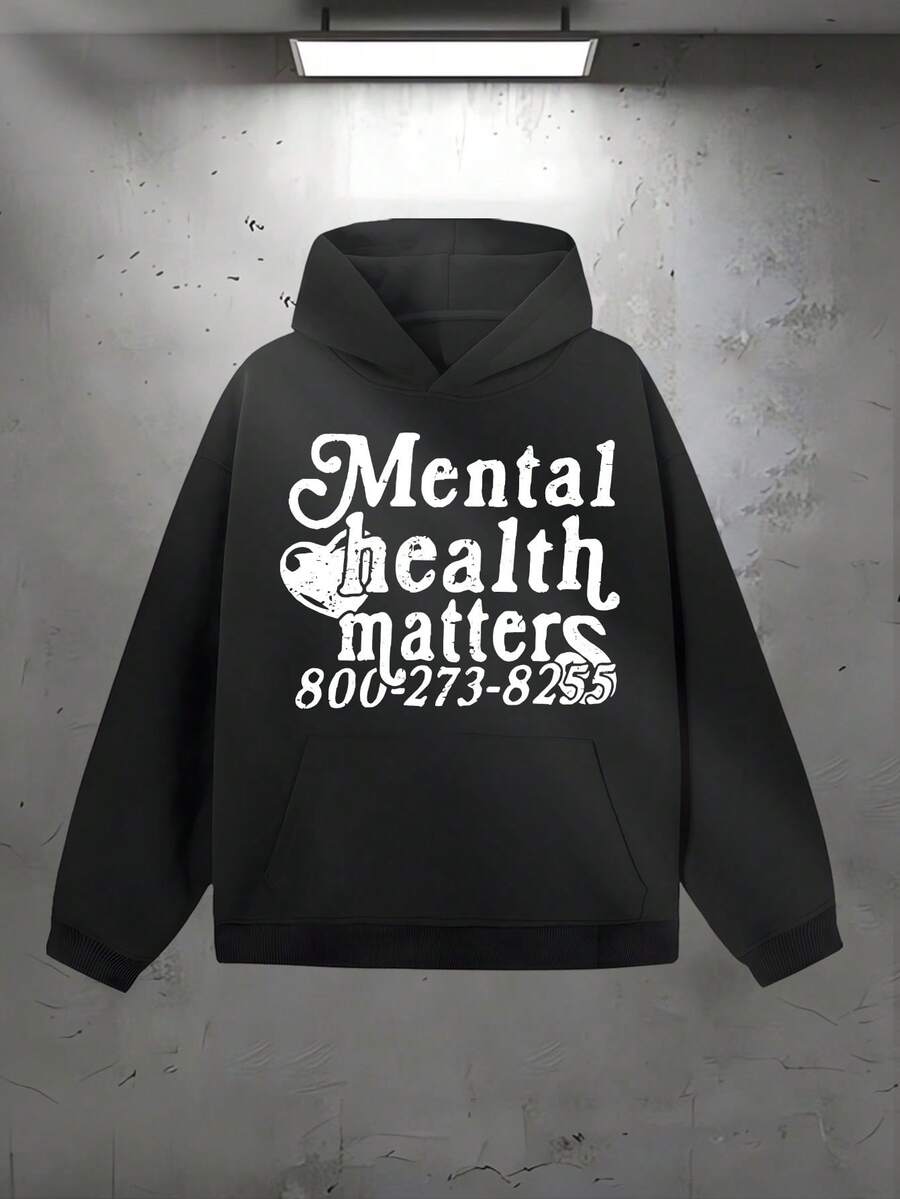 MENTAL HEALTH MATTERS Fashion Men's Casual Long-Sleeved Hooded Pullover Sweatshirt (280g Polyester) Is Suitable For Outdoor Sports And Is An Ideal Choice For Autumn And Winter Printing - 黑色 - 查看 1