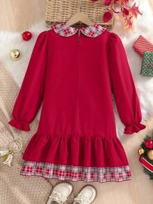 1 pieza Vestido de Navidad a cuadros de manga larga con cuello Peter Pan, estilo dulce y lindo para niñas, con volantes en el bajo, de corte holgado y casual