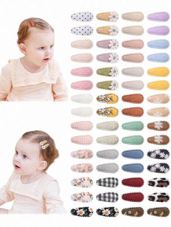 50/20/10 Pieces Baby Girl Cute Toddler Press Button Hair Clips With Flower Pattern - Children BB Clips Fabric Embroidery Water Drop Clips, Printed Hair Clips Baby Bangs Clips, Headdresses Hair Accessories Approx. 3.81 Cm Mini Hair Clips And Accessories For Baby Girl, Infant, Toddler