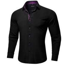 Mens Shirt Long Sleeve Black Satin Plain Purple Paisley Shirts Regular Fit Button Tops Wedding Formal Casual Office Suit Coats - 黑色 - 查看 2