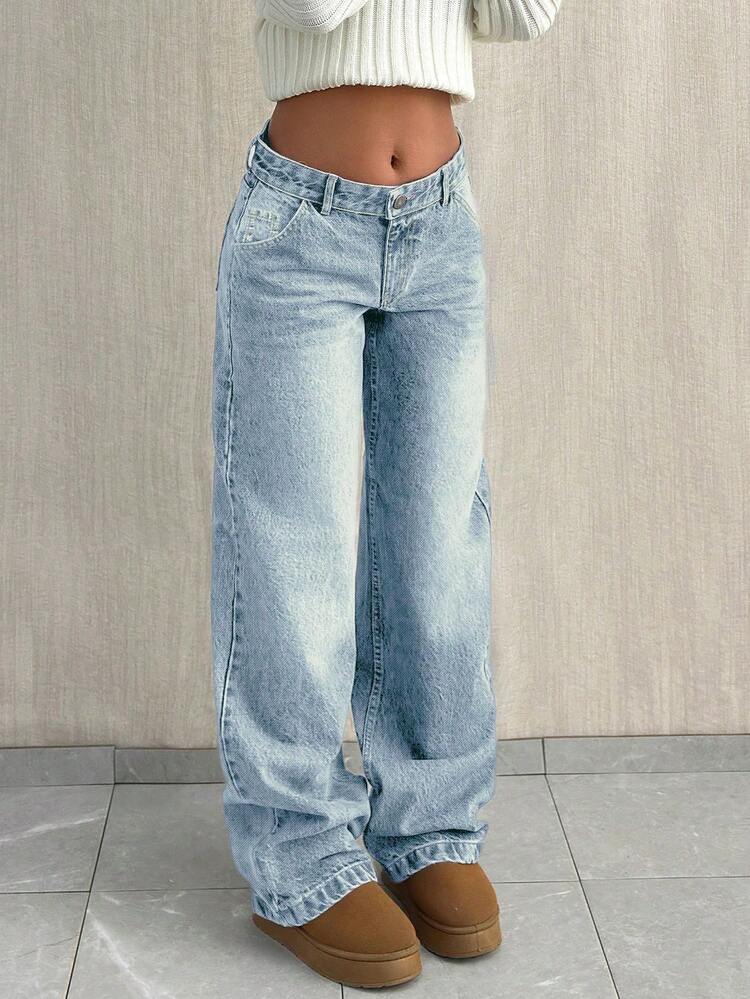 Dámske rifle rovného strihu s nízkym pásom, svetlomodré prané, retro módne voľné ležérne nohavice - Svetlomodrá - View 4