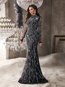 Elisanya Vestido Longo Feminino Slim Brilhante de Manga Longa com Aplicações de Strass e Miçangas na Cor Laranja Damasco para Jantar, Banquete, Festa de Coquetel - Preto - Visão 6
