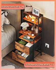 Nightstand Set Of 2 With Charging Station, LED Bedside Table With 2 Drawers And 4 Shelves, Fabric Storage Dresser For Bedroom, Modern Nightstand With LED Lights, Rustic Brown - màu nâu - Xem 4