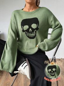 Maglione da donna per autunno/inverno, nuovo maglione casual alla moda in stile Y2K con teschio jacquard carino, girocollo a maniche lunghe, adatto per uso quotidiano, pendolarismo, feste, Ognissanti, Natale, Ringraziamento, fotografia di strada - Multicolore - Visualizzare 7