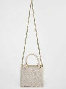 Satin Faux Pearl Handbag, Women's Mini Tote Bag Women's Chain Shoulder Bag Fashionable Small Tote Bag Women's Luxury Designer Wallet Women's Fashion Handbag - Beige - View 6