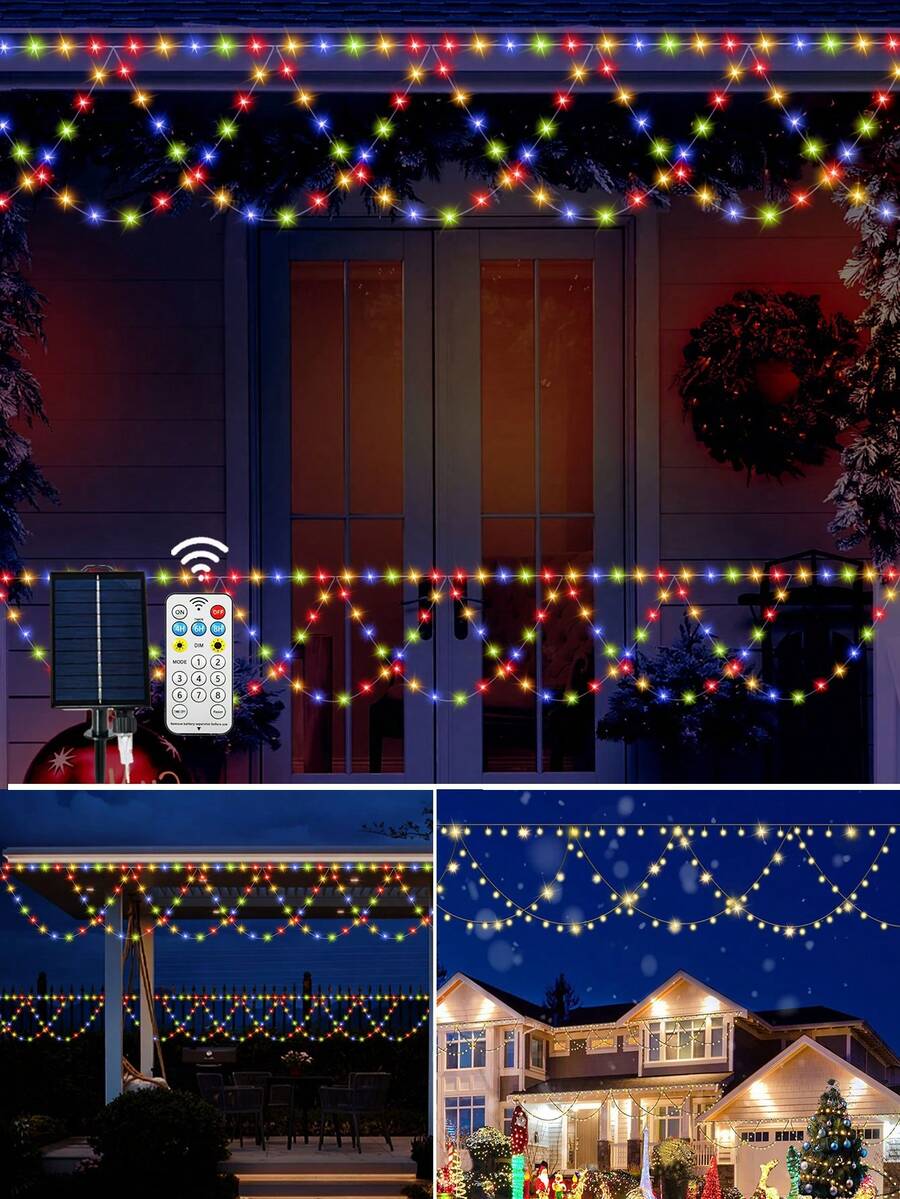 Upgraded Solar Powered Wave Lights, 10m-33ft/8m-26ft/4m-13ft Upgraded Solar Powered Wave Lights, LED Christmas Decorative Lights, 8 Lighting Modes, Suitable For Bedroom, Party, Eaves, Roof, Railing, Festival, Wedding, Christmas, Shop Decoration (USB Powered & Solar Power Optional) - Multicolor - View 1