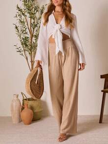 Pantalones anchos de cintura alta plisados de unicolor para mujer