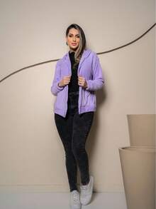 Women's Winter Plush Coat With Hood, Pockets And Zipper - Warm, Casual And Stylish For Everyday Life | Cold Days | Cold Weather Coat - 紫色 - 查看 2