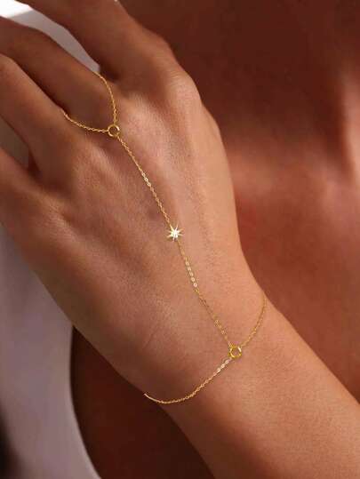 FOREVER QUEEN 1 peça de prata esterlina 925, zircônia cúbica branca, estrela, banhada a ouro 14k, delicada, em camadas, elos empilháveis, pulseira, corpo, joia de verão, presente de casamento de Natal