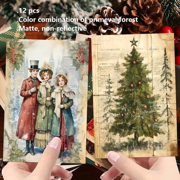 12 Stücke Vintage Weihnachtspostkarten Set mit Aufklebern, festliche Weihnachtsmann, Schneemann & Weihnachtsbaum Muster Wandkollage Set für Schlafzimmer Ästhetik, künstlerische kleine Poster für Feiertags-Heimdekoration