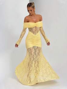 女士优雅浪漫蕾丝拼接露肩长袖美人鱼长裙