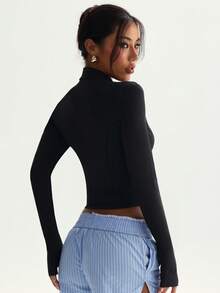 女士纯色立领拉链长袖拇指孔简约时尚运动夹克 - 黑色 - 查看 2