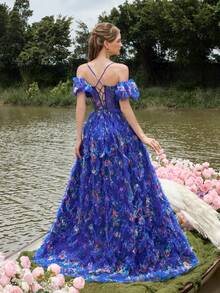 Faeriesty Luxe Luxury Cold Shoulder Floral Print Evening Gown With Puff Sleeves & High-Slit A-Line For Red Carpet Galas, Black-Tie Balls, Formal Dinners, Wedding Receptions