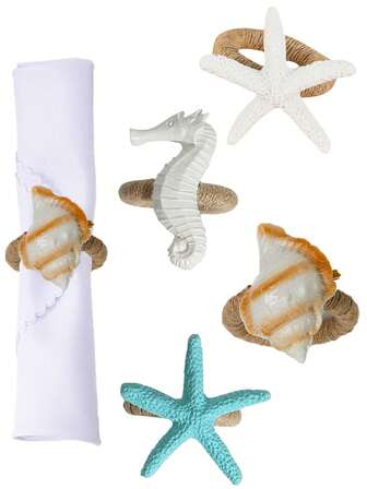 4-20 件手工编织天然亚麻绳和树脂海星餐巾环，适用于户外、主题派对、节日餐桌装饰