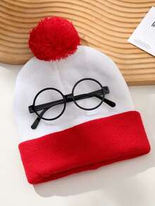 1pc Autumn/Winter Simple Color Block Knit Beanie Hat, Unisex Casual Versatile Christmas Knit Hat With Decorative Glasses