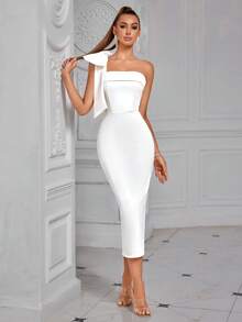 ADYCE Vestido de Coquetel Midi Elegante de Festa de Formatura com Decote Ombro Único, Laço, Fenda, Costas Abertas, Cor Sólida Branca, Vestido de Convidado de Casamento Semi-Formal, para Aniversário, Jantar, Formatura de Verão, Formatura, Vestido Branco de Ano Novo