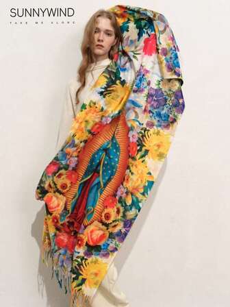 1 pieza Bufanda elegante y cálida con estampado de la Virgen María, para uso diario con vestidos