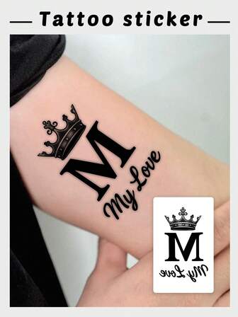 1 Tatuaje temporal de corona, letra M y texto "Mi amor", minimalista en negro y gris con tema de amor, resistente al agua y al sudor, dura de 1 a 3 días, adecuado para el Día de San Valentín