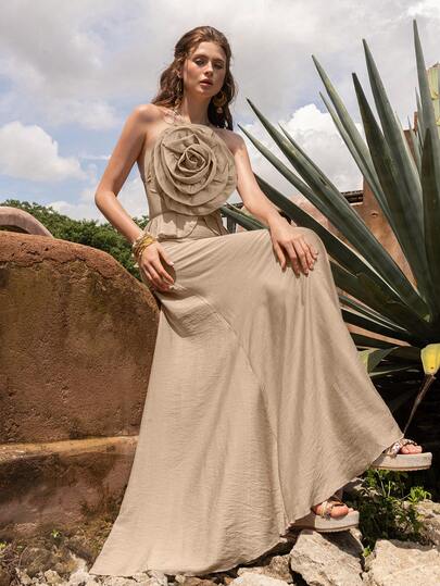 Faeriesty BohoBloom 女士波西米亚风长裙：采用露背细肩带设计，配有可调节肩带，饰有 3D 立体花卉贴花，腰部饰有荷叶边 - 适合海滩度假、日常穿着、公园郊游、城市探索和周末短途旅行。