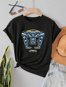 Women's White Cotton T-Shirt, Pumas UNAM Logo Print Decorated With Traditional Mexican Blue And Gold Designs, Ideal Sports Top For Football Fans - 黑色 - 查看 2