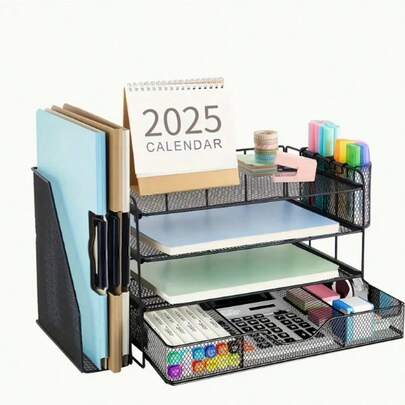 4-Tier Desk Organizer With Drawers And 2 Pen Holders For Office Supplies, Paper Letter Tray Organizer With Folders