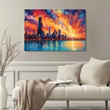 1pc Framed Canvas Poster, Chicago Sunset Canvas, Chicago Skyline Wall Art Canvas Paintings, Ideal Gift For Bedroom Living Room Corridor, Wall Art, Room Decoration, 2D Flat Print - 彩色 - 查看 2