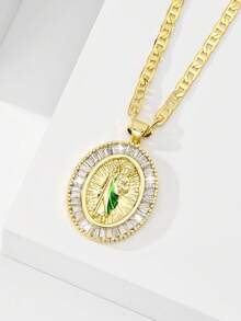 1pc 2025 New Hypoallergenic Copper Inlaid Colorful Green Zirconia Round Priest Pendant Necklace, Suitable For Christmas/Thanksgiving/Mother's Day/Valentine's Day Couples/Friends/Fellow Church Members As Gifts, Catholic First Communion, Daily Festival Wear And Prayer