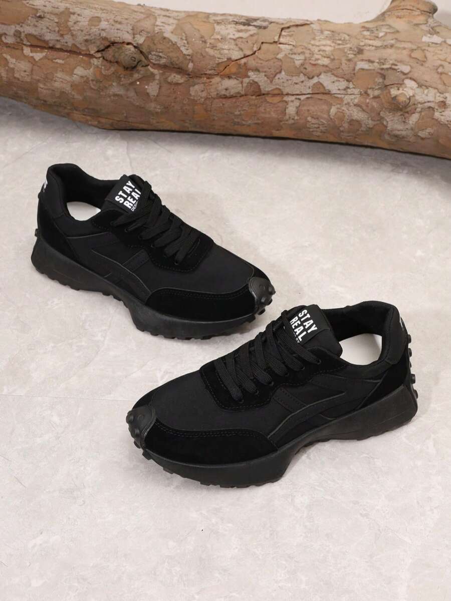 Women's Comfortable Lace-Up Sneakers - Lightweight Multi-Functional Casual Shoes, Four-Season Wear,Anti-Slip Rubber Sole - Pure Black - View 1