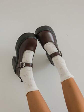 1 Pair Solid Color Preppy PU Leather Buckle Black Thick High Heel Versatile Mary Jane Shoes For Women, Round Toe Retro French Style, 2025 New Summer Collection