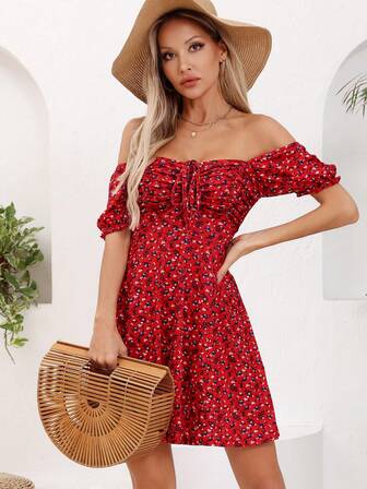 女式花卉印花露肩泡泡袖短袖多种穿法挂脖修身喇叭袖休闲抽绳花卉迷你太阳裙 2025 夏季度假