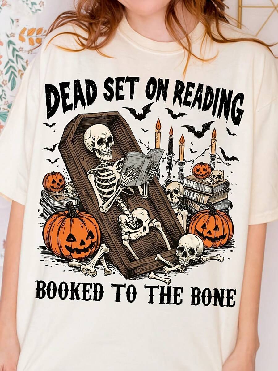 Funny Book Dead On Reading Skeleton Halloween Spooky Bookish Halloween Humor Booked To The Bone Skeleton Fall Vintage ORIGINAL220G Heavyweight Cotton Women's Top – Crafted From Premium Thick Cotton With A Soft Yet Durable Feel, Delivering Breathable Comfort From Morning To Night. Perfect For Everyday Wear, Travel, Casual Outings, Sports, Or Layering During Cooler Days. A Versatile And Fashionable Choice For Street Style, Relaxing At Home, Or Staying Active Outdoors. - 白8 - 查看 1