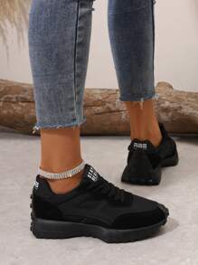 Women's Comfortable Lace-Up Sneakers - Lightweight Multi-Functional Casual Shoes, Four-Season Wear,Anti-Slip Rubber Sole - Pure Black - View 6