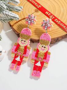 2pcs Bohemian Handmade Beaded Crystal Nutcracker Soldier Drop Earrings For Women, Festive Christmas Holiday Party Daily Wear Jewelry(Handmade Version, With Slight Variations)