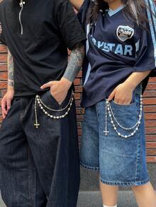 1pc Vintage Elegant Minimalist Colorful Crystal & Faux Pearl Pants Chain, Unisex Punk Hip-Hop Diagonal Cross Chain, For Pants Decoration, Casual Outdoor, Travel, Date Wear