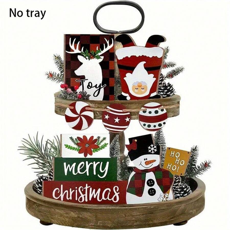 7pcs/Set Christmas Snowman Deer Santa Wooden Ornament Crafts, Christmas Tiered Tray Storage Decor, Christmas Table Centerpieces Decorations, Christmas Day Decor, Festival Home Decor, Christmas Gifts (No Tray) - Multicolor - View 1